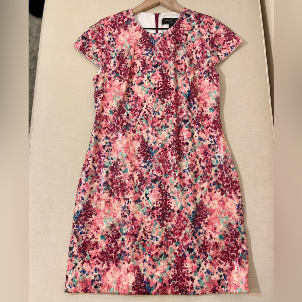 Rachel Zoe Pink Abstract Sequin Floral Sheath Dress Cap Sleeve Garden Party